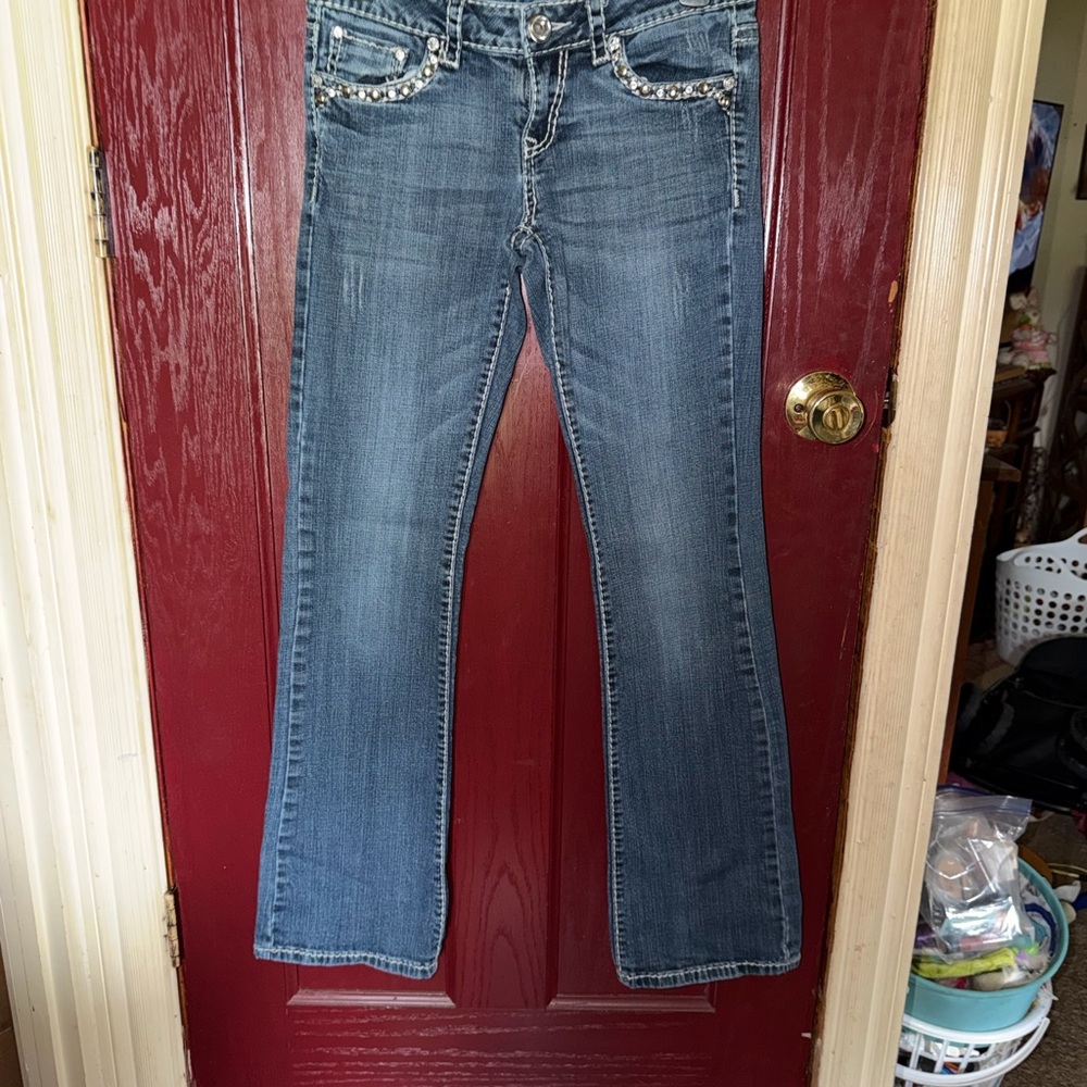L.A. idol Blue Rhinestone Pocket Flare Jeans